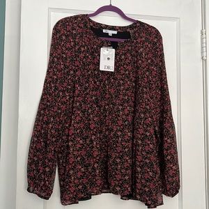 NWT DR2 women’s blouse black and raspberry floral long sleeves